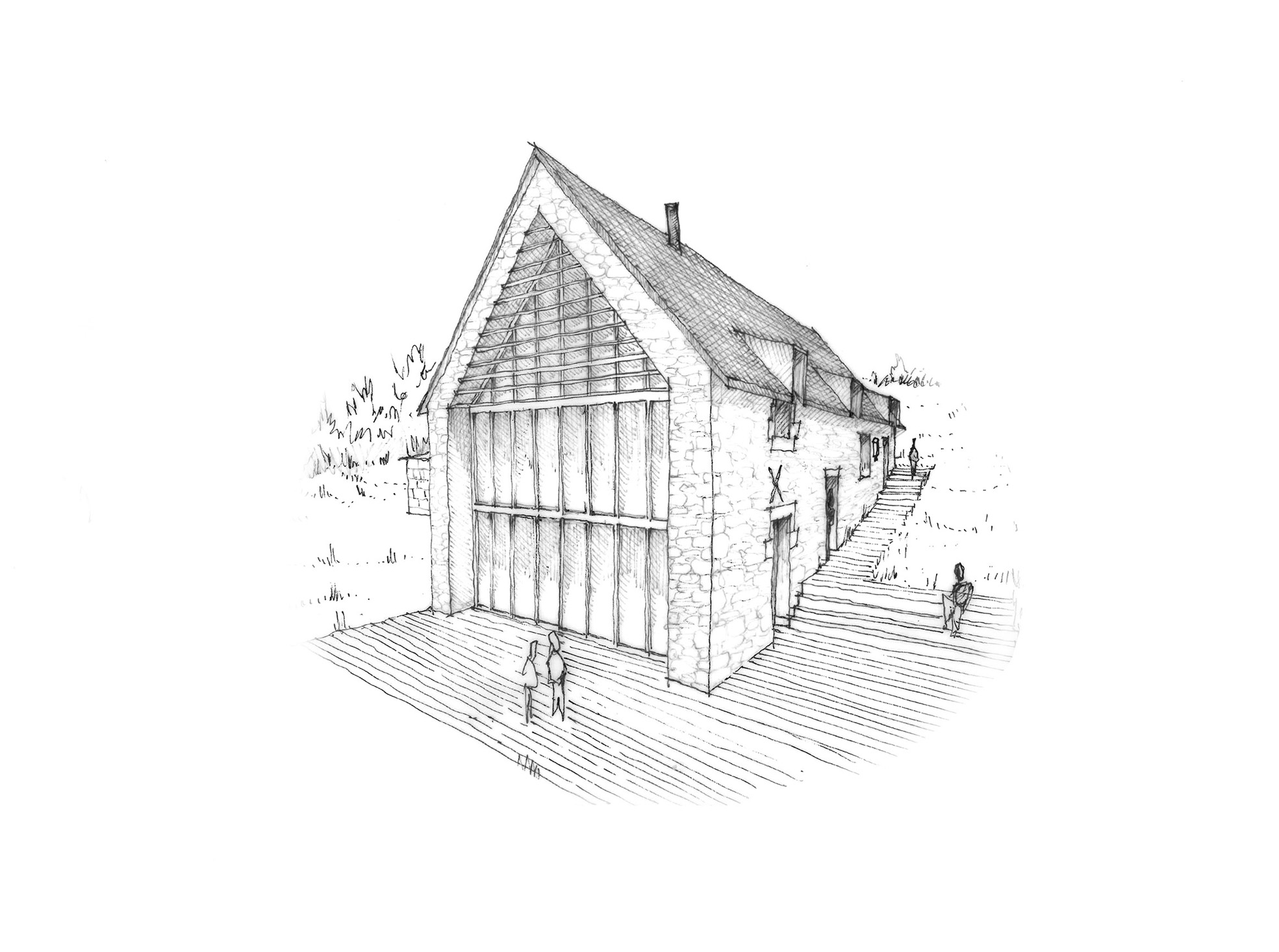 CROQUIS architecte maison pierre avec verrière sur le pignon
