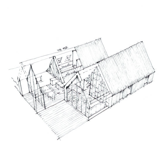 croquis de maison passive avec forme doublée et double hauteur verrière architecte normandie