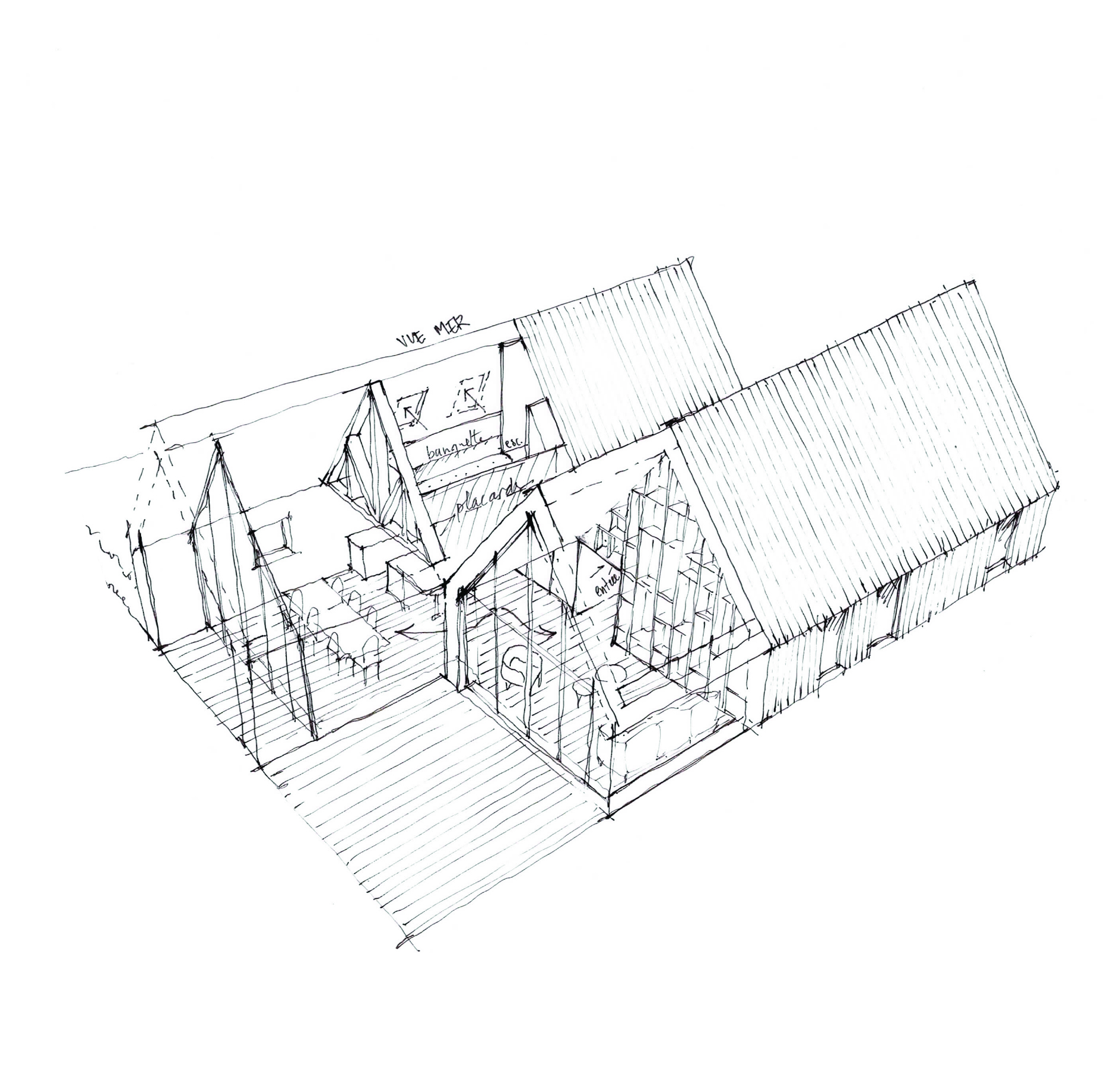 croquis de maison passive avec forme doublée et double hauteur verrière architecte normandie