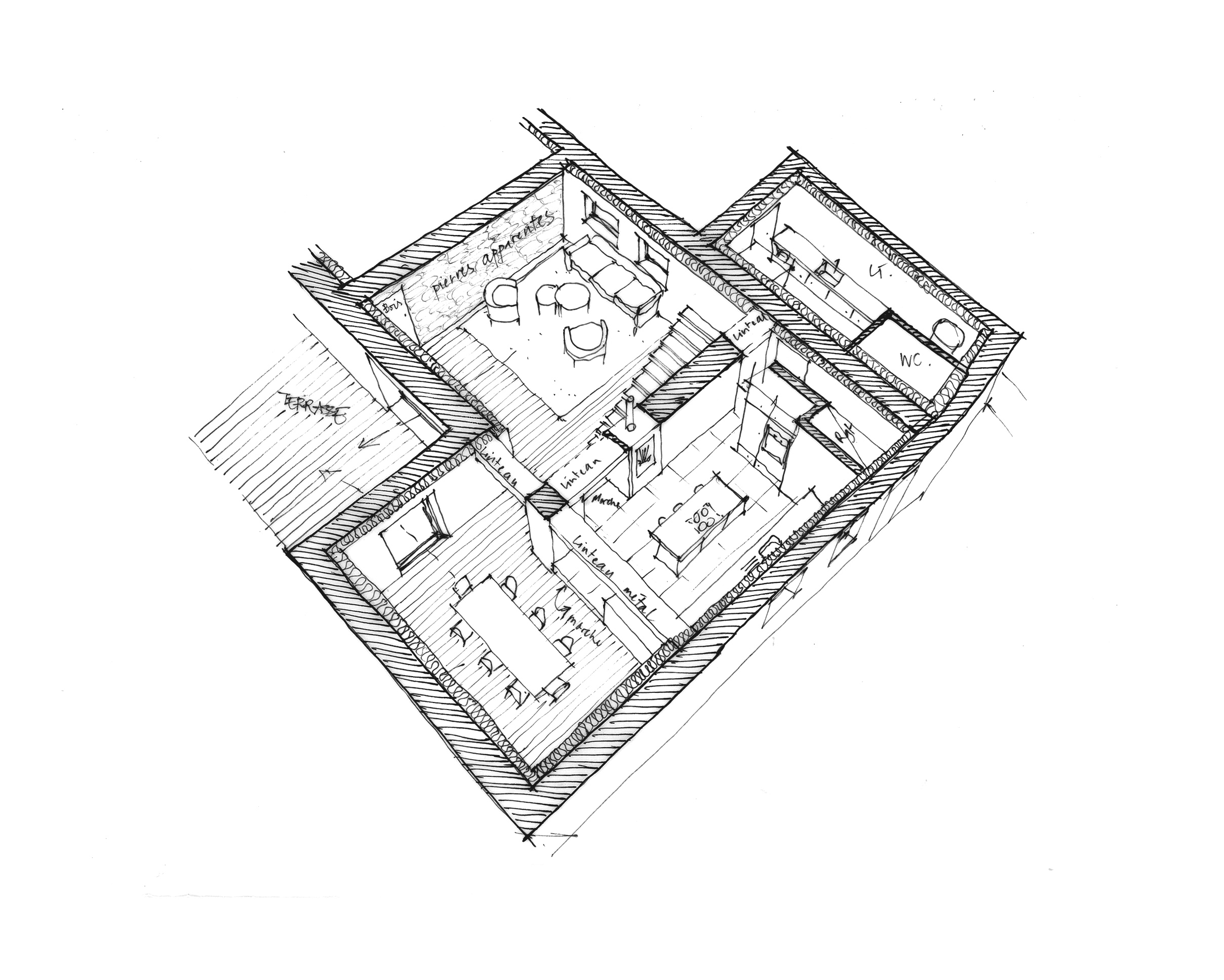 image croquis de la rénovation d'un corps de ferme en pierres